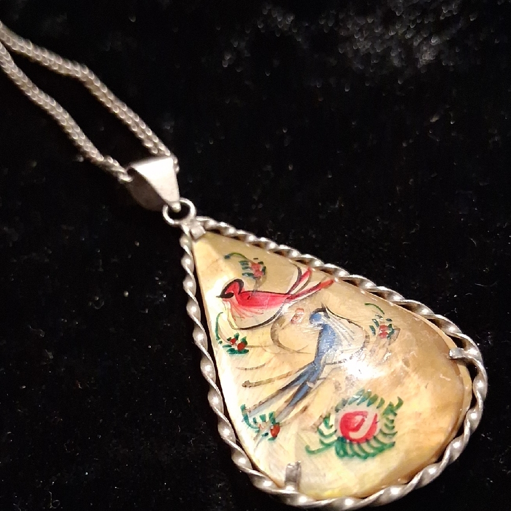 Vintage Handcrafted Persian Silver Pendant with Colorful Bird Design. 18 In Long
